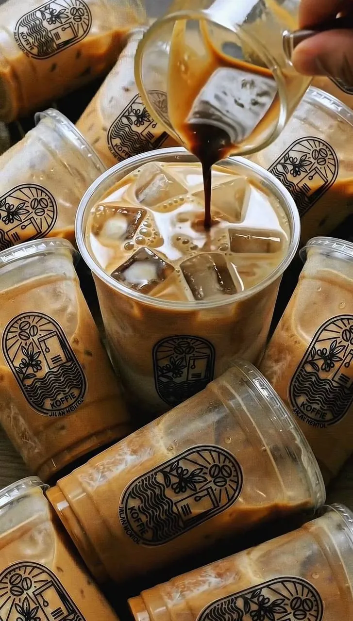 Espresso being poured into an iced latte in a Koffie cup